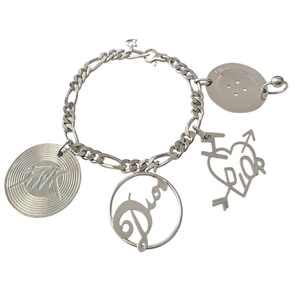 AUTH VTG Christian Dior Silver Figaro Chain Link Large Logo Charm Bracelet - Picture 15 of 16
